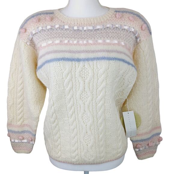 Jennifer Reed SZ S VTG Knitted By Hand Wool Cable Knit Popcorn Satin Sweater NWT - Picture 2 of 8